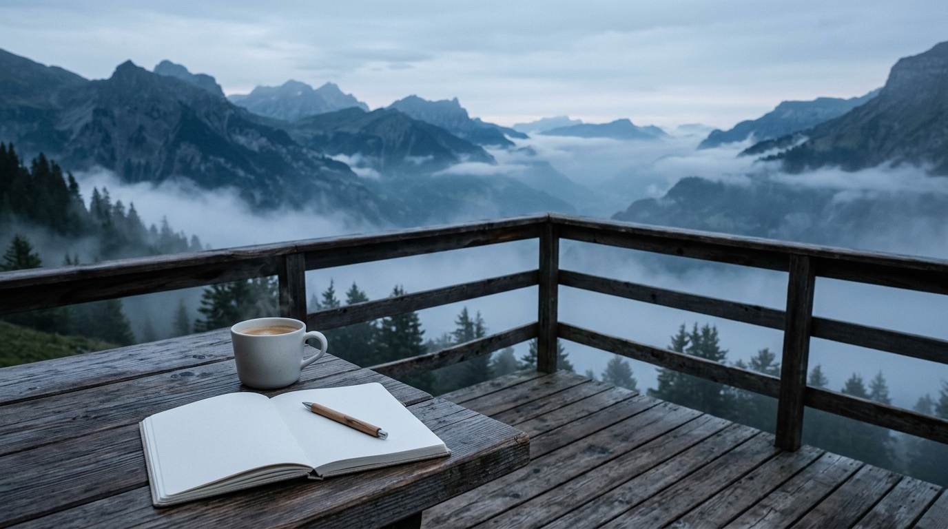 An empty deck overlooking foggy mountains representing a quiet influencer campaign