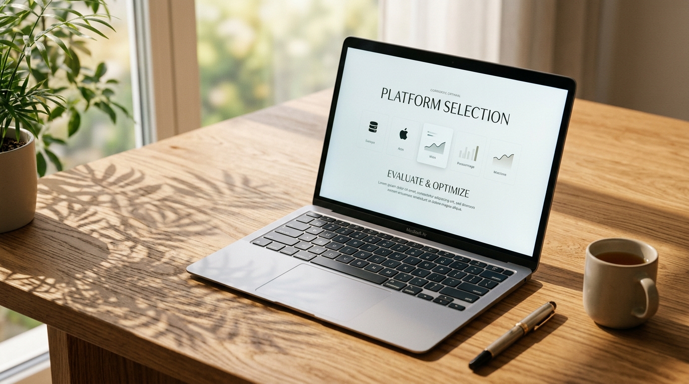A laptop on a clean wooden desk showing platform selection options representing software evaluation
