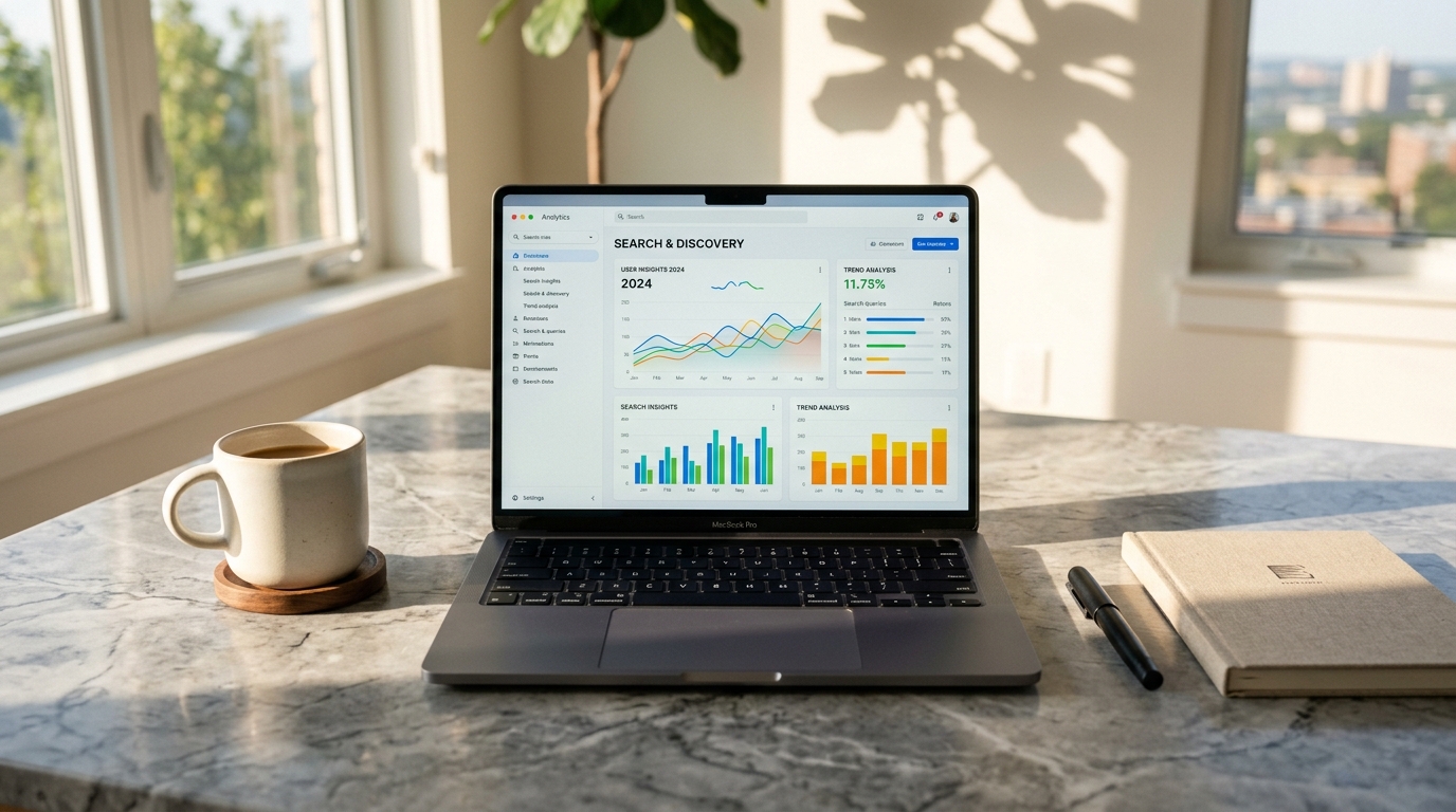 A laptop screen showing search and analytics data on a clean stone desk representing creator discovery